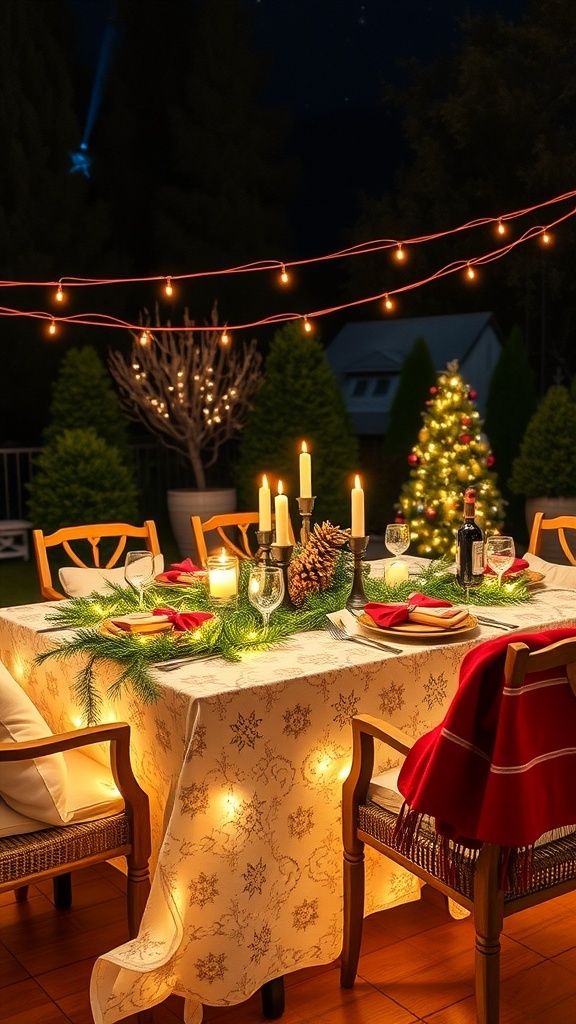 An outdoor Christmas table setting with festive decorations, cozy seating, and ambient lighting.